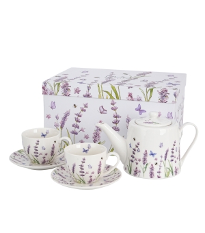 Zestaw dzbanek z zaparzaczem ze stali nierdzewnej i 2 filiżanki ze spodkami CLASSIC LAVENDER