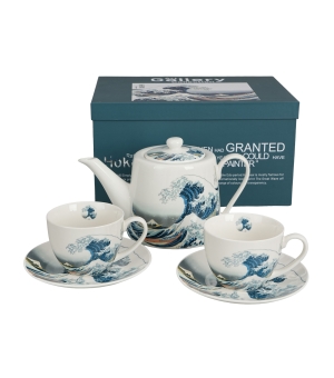 Zestaw dzbanek z zaparzaczem ze stali nierdzewnej i 2 filiżanki ze spodkami THE GREAT WAVE inspired by Hokusai