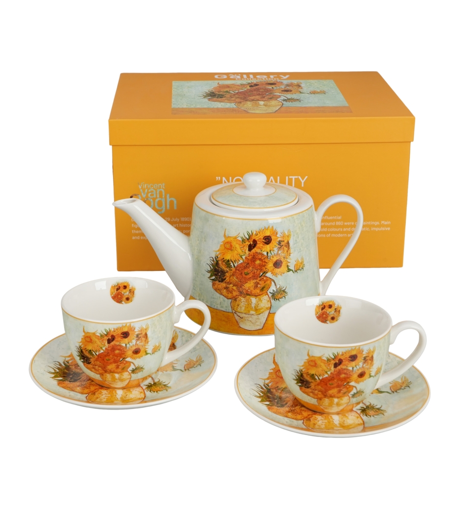 Zestaw dzbanek z zaparzaczem ze stali nierdzewnej i 2 filiżanki ze spodkami SUNFLOWERS inspired by Van Gogh