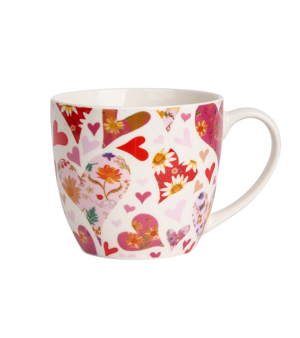 Kubek 460 ml w "koszyczku" RÓŻOWE SERCA