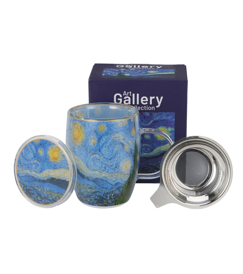 Kubek szklany z podwójną ścianką i zaparzaczem ze stali nierdzewnej STARRY NIGHT inspired by Van Gogh
