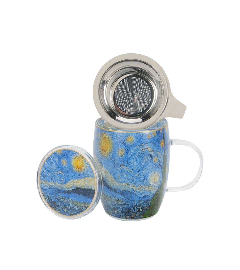 Kubek szklany z podwójną ścianką i zaparzaczem ze stali nierdzewnej STARRY NIGHT inspired by Van Gogh
