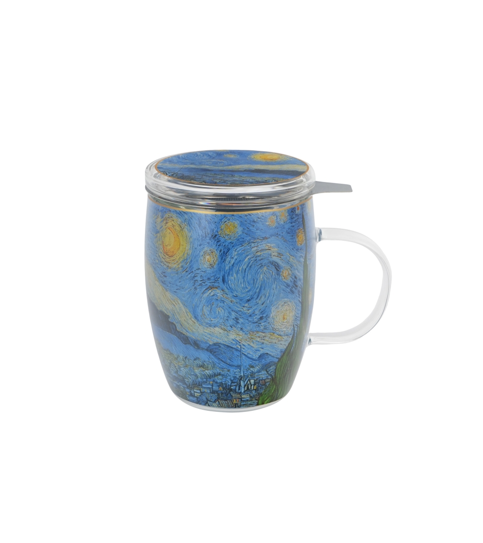 Kubek szklany z podwójną ścianką i zaparzaczem ze stali nierdzewnej STARRY NIGHT inspired by Van Gogh