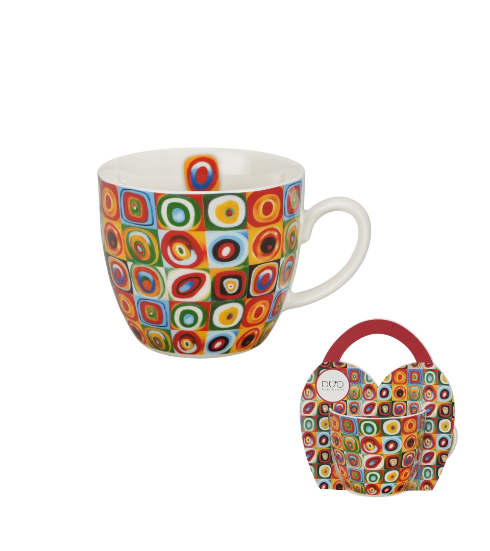 Kubek 460 ml w "koszyczku" SQUARES WITH CIRCLES inspired by Kandinsky (sprzedaż w zestawach po 4 szt.)