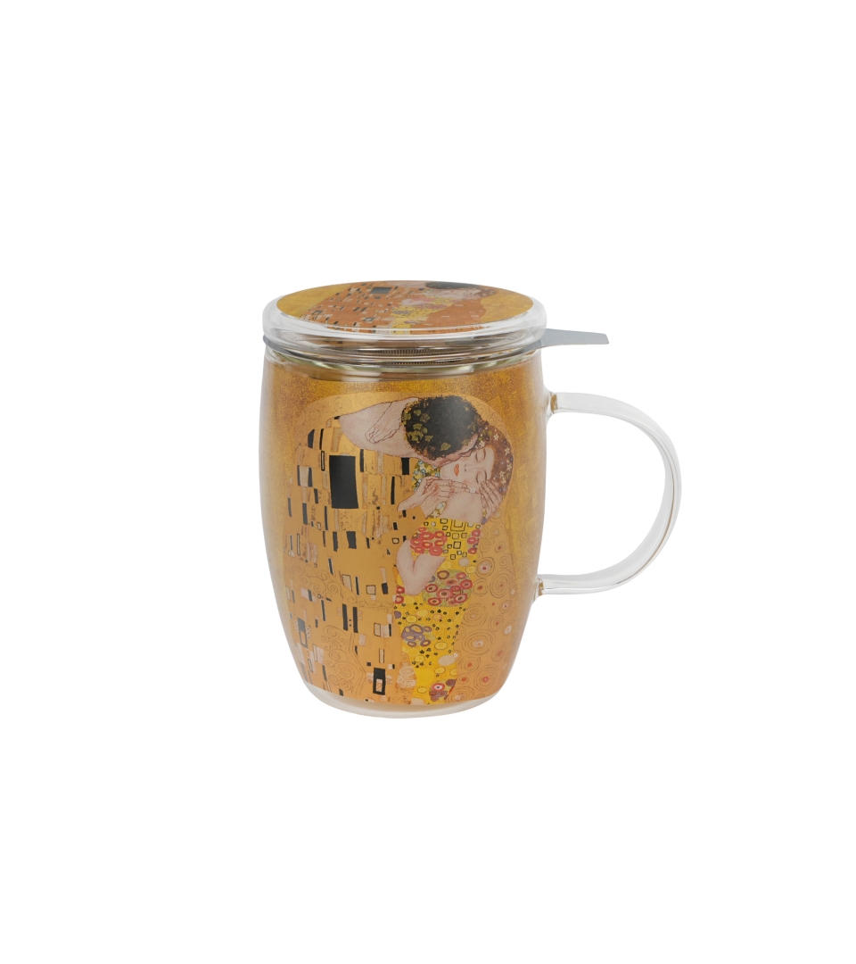 Kubek szklany z podwójną ścianką i zaparzaczem ze stali nierdzewnej THE KISS CLASSIC inspired by G. Klimt