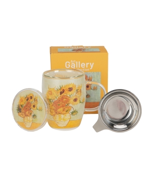 Kubek szklany z podwójną ścianką i zaparzaczem ze stali nierdzewnej SUNFLOWERS inspired by Van Gogh