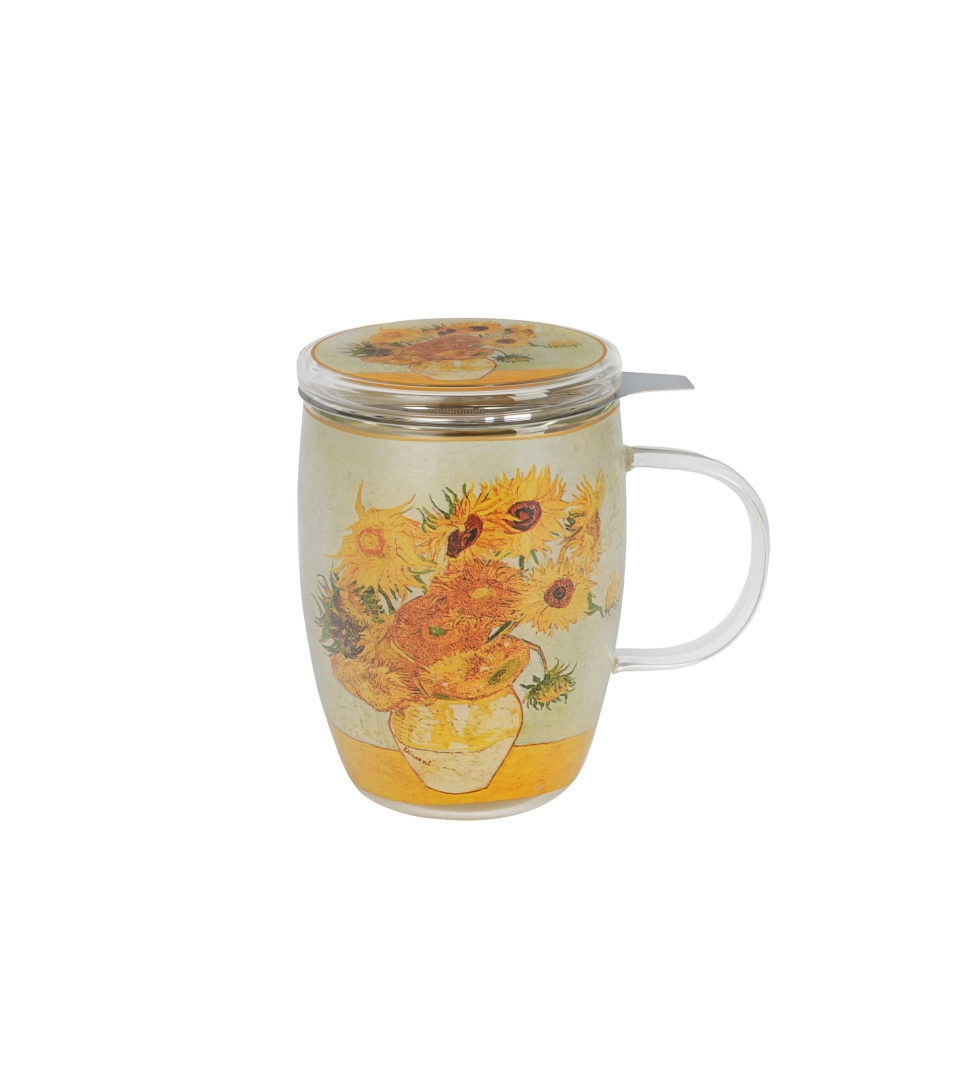 Kubek szklany z podwójną ścianką i zaparzaczem ze stali nierdzewnej SUNFLOWERS inspired by Van Gogh