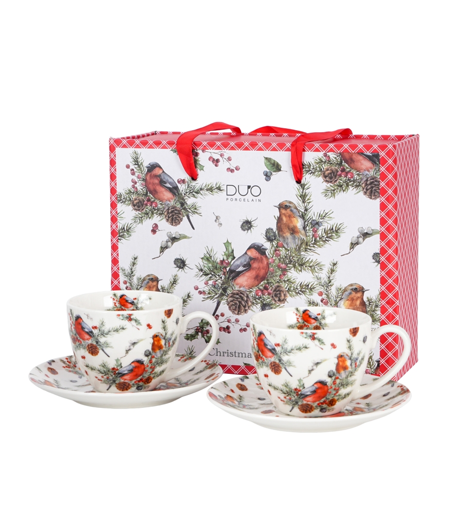 2 Filiżanki ze spodkami "opakowanie szuflada" CHRISTMAS BIRDS 1