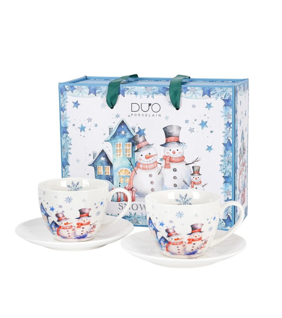 2 Filiżanki ze spodkami "opakowanie szuflada" SNOWMAN