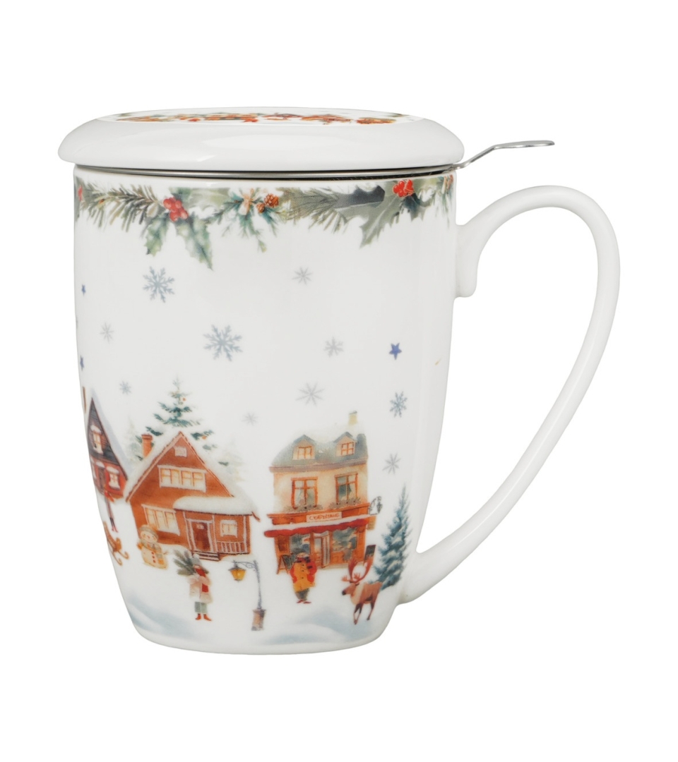Kubek z zaparzaczem w pudełku z kokardą CHRISTMAS VILLAGE