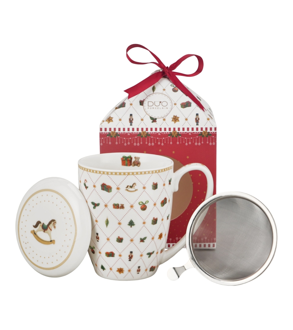 Kubek z zaparzaczem w pudełku z kokardą ORNAMENT JOY