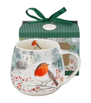 Kubek baryłka w pudełku z kokardą ROBIN IN SNOW