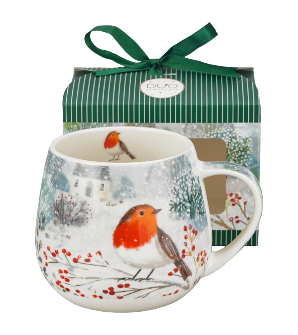 Kubek baryłka w pudełku z kokardą ROBIN IN SNOW