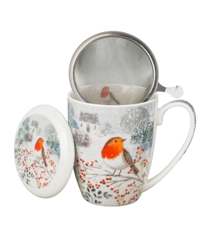 Kubek z zaparzaczem w pudełku z kokardą ROBIN IN SNOW