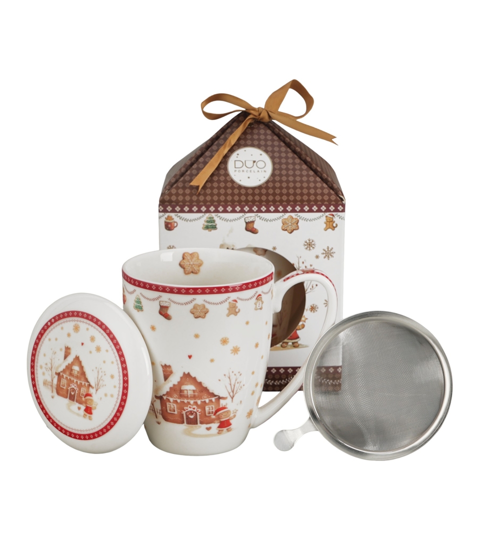Kubek z zaparzaczem w pudełku z kokardą GINGERBREAD HOUSE