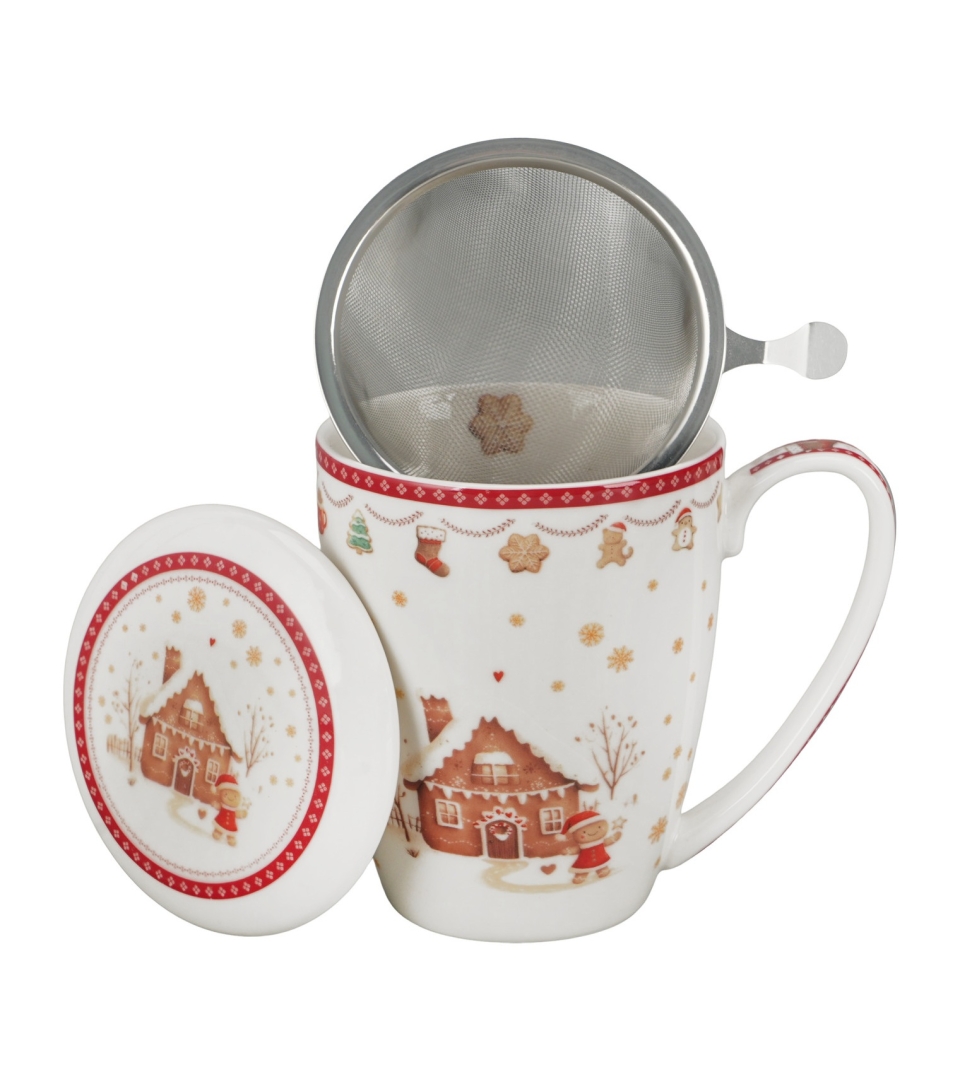 Kubek z zaparzaczem w pudełku z kokardą GINGERBREAD HOUSE