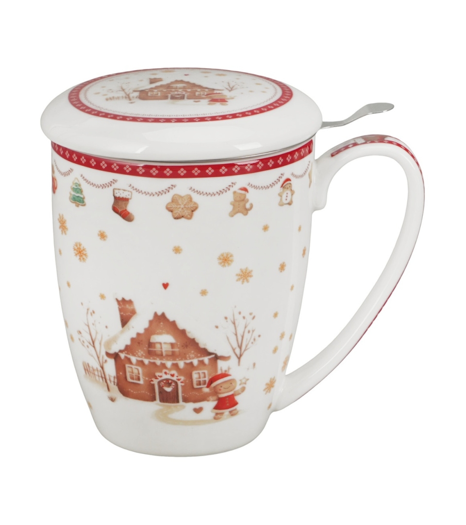 Kubek z zaparzaczem w pudełku z kokardą GINGERBREAD HOUSE