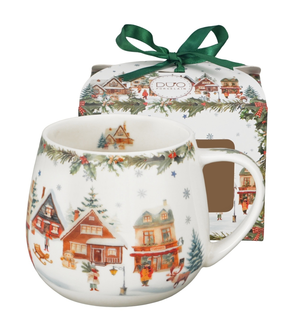 Kubek baryłka w pudełku z kokardą CHRISTMAS VILLAGE